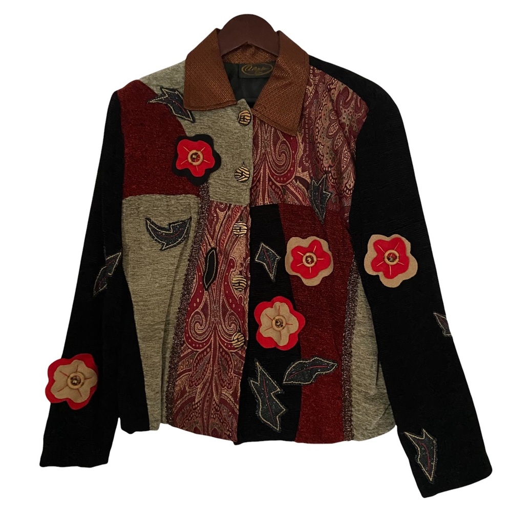 Art Deco Wearable Art Tapestry Patchwork Womens Embellished Blazer Black